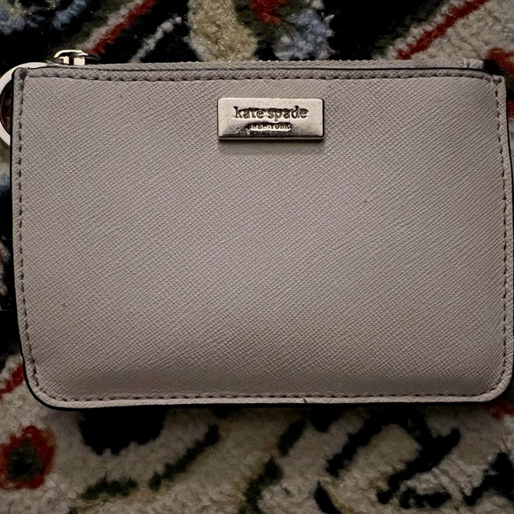 Kate Spade Cream Black Saffiano Leather Zip Card Key Chain Coin Wallet Pouch - Picture 1 of 4